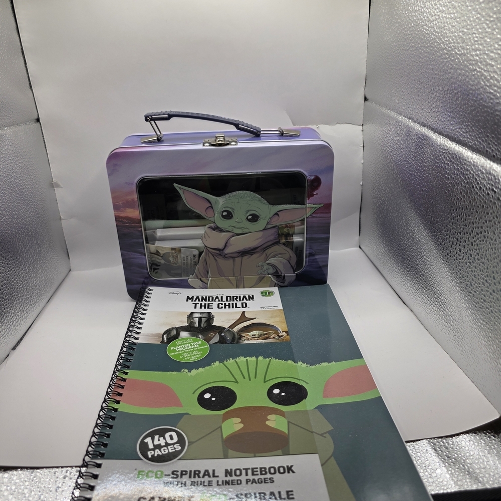 Star Wars Mandalorian Grogu Baby Yoda Purple Lunchbox Noteb Pencils, Crayons Set